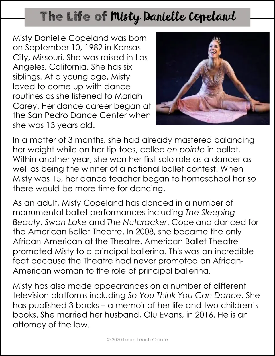 Biography reading traces Misty Copeland's childhood, ballet training, principal ballerina role, and books
