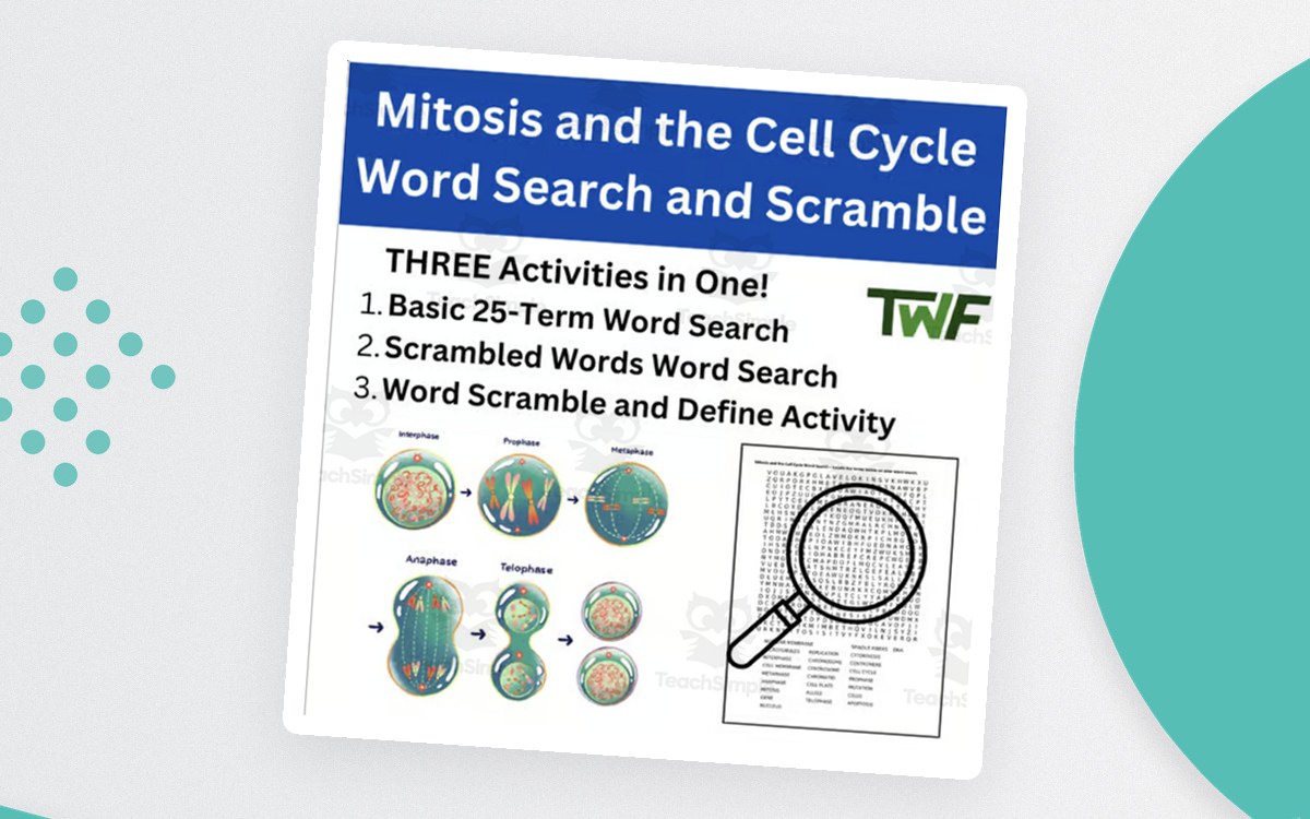 Blue Mitosis and the Cell Cycle cover listing a word search, scrambled search, and define activity above cell-division images.
