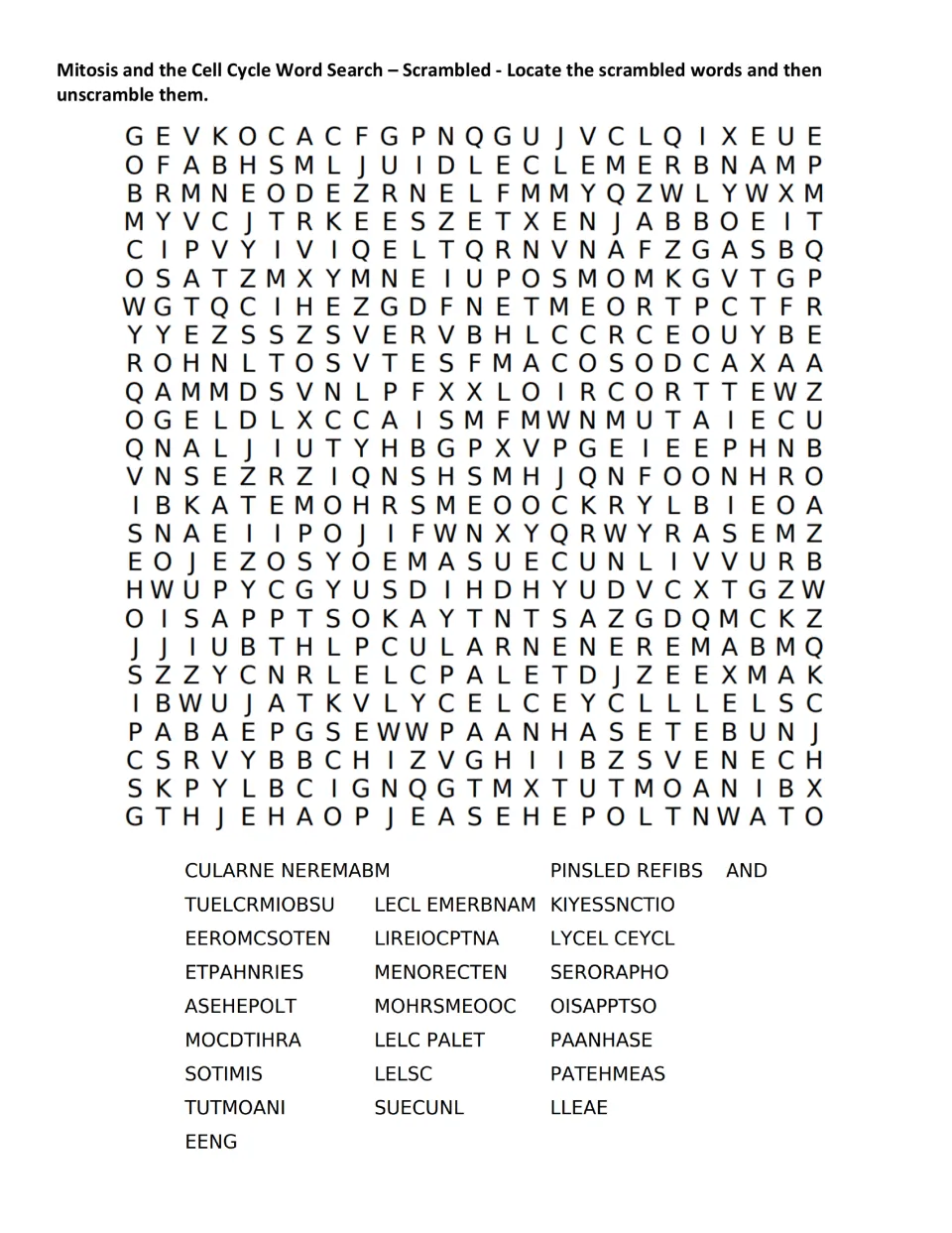 Scrambled word search on mitosis: students locate jumbled terms like SOTIMIS and PAANHASE, then unscramble each one