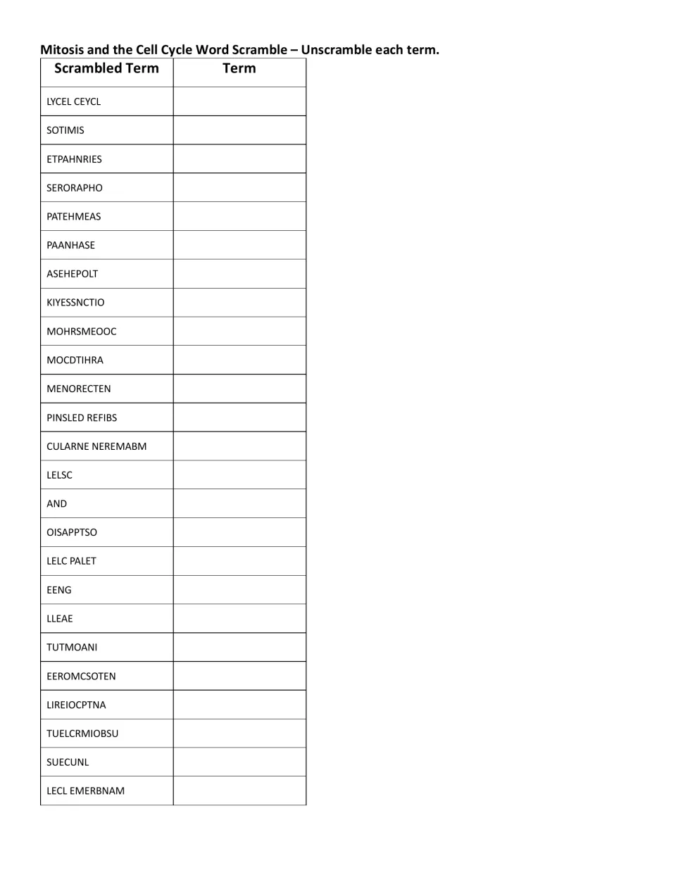 Cell cycle word scramble: students unscramble 25 jumbled terms, from LYCEL CEYCL to LECL EMERBNAM, writing each answer