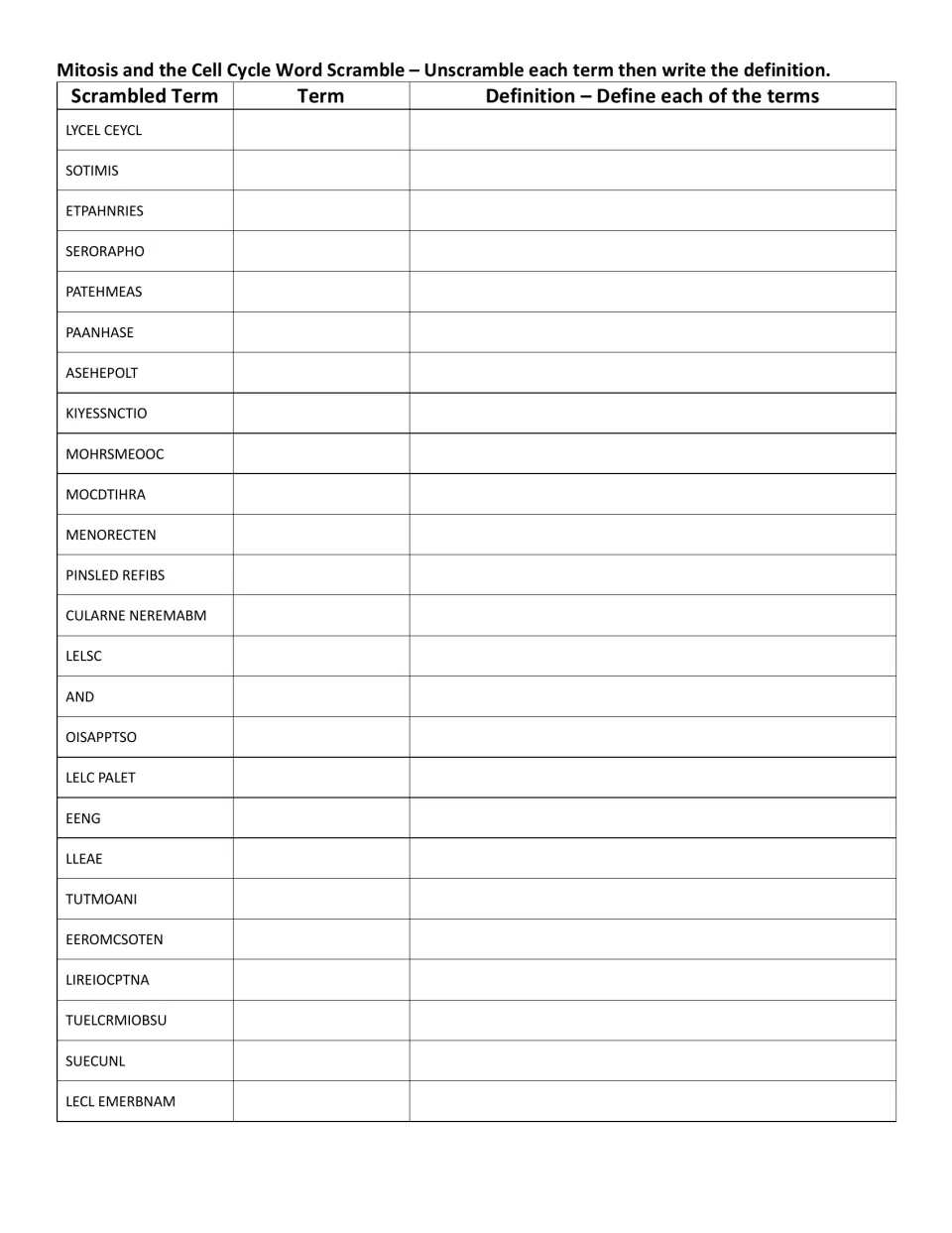 Scramble plus definitions: students unscramble 25 cell division terms, then write each term and its definition