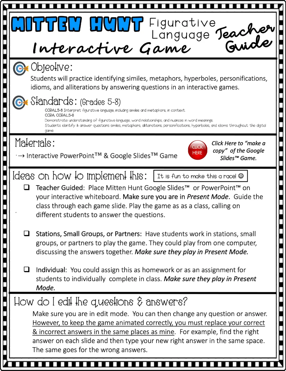 Teacher guide for a figurative language slide game: objective, materials, ways to play and how to edit questions