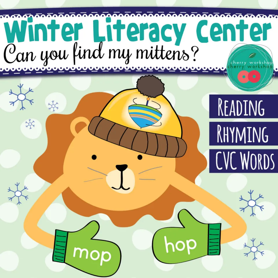 Cover, Winter Literacy Center: Can you find my mittens? Rhyming CVC words; a lion holds mittens labeled mop and hop