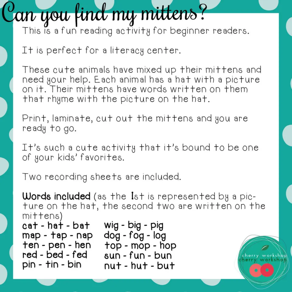 Teacher notes: animals' mittens show words that rhyme with the hat picture; lists 10 CVC rhyme sets such as cat, hat, bat