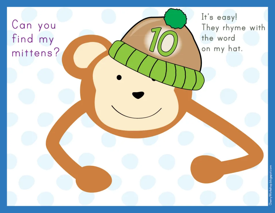 Rhyming mat: a monkey's hat shows the number 10; students find mittens with words that rhyme with ten, like pen and hen
