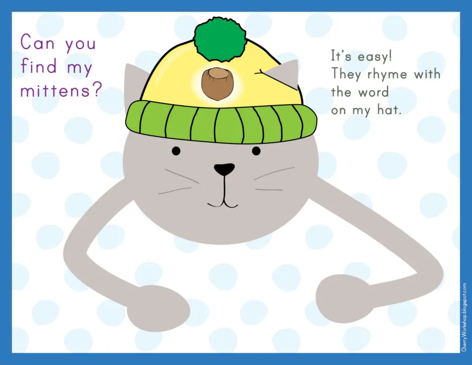 Rhyming mat: a gray cat's hat shows a nut; students place the mittens whose words rhyme with nut, like hut and but