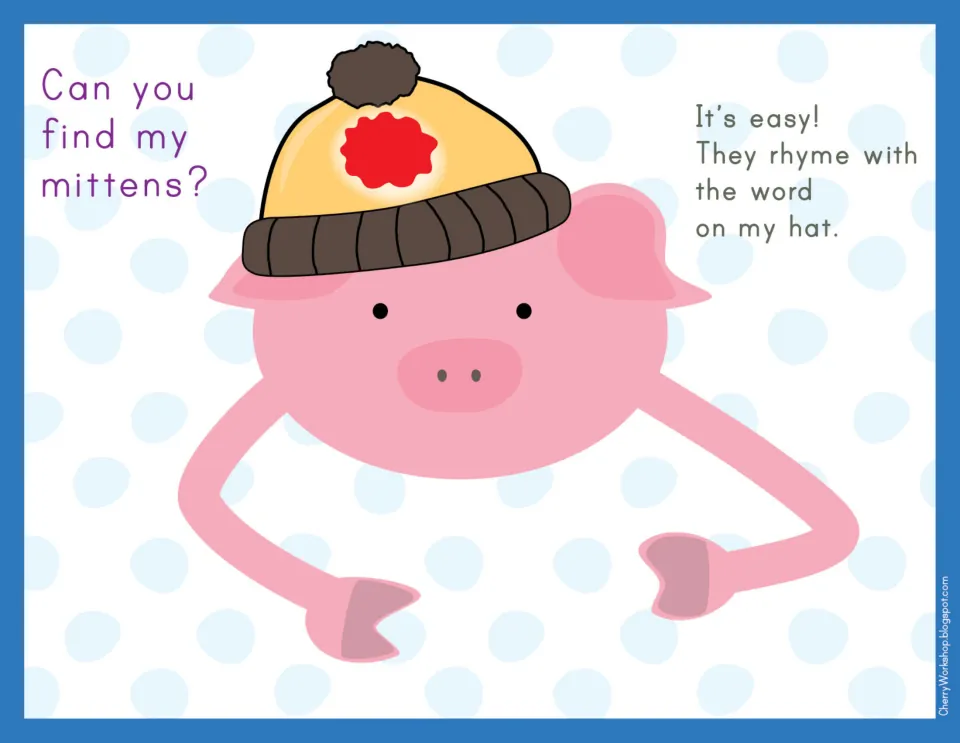 Rhyming mat: a pig's hat shows a red splash for the word red; students match mittens with rhyming words like bed and fed
