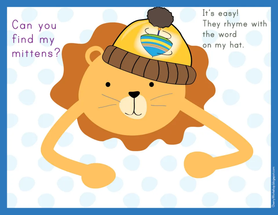 Rhyming mat: a lion's hat shows a spinning top; students find mittens with words that rhyme with top, like mop and hop