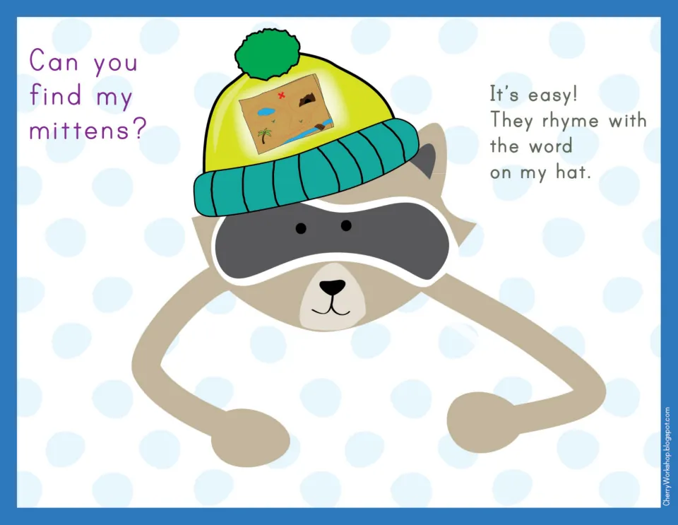 Rhyming mat: a raccoon's hat shows a treasure map; students match mittens with words that rhyme with map, like tap and nap