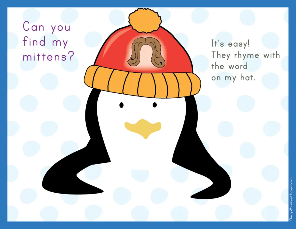 Rhyming mat: a penguin's red hat shows a wig; students find the mittens with words that rhyme with wig, like big and pig
