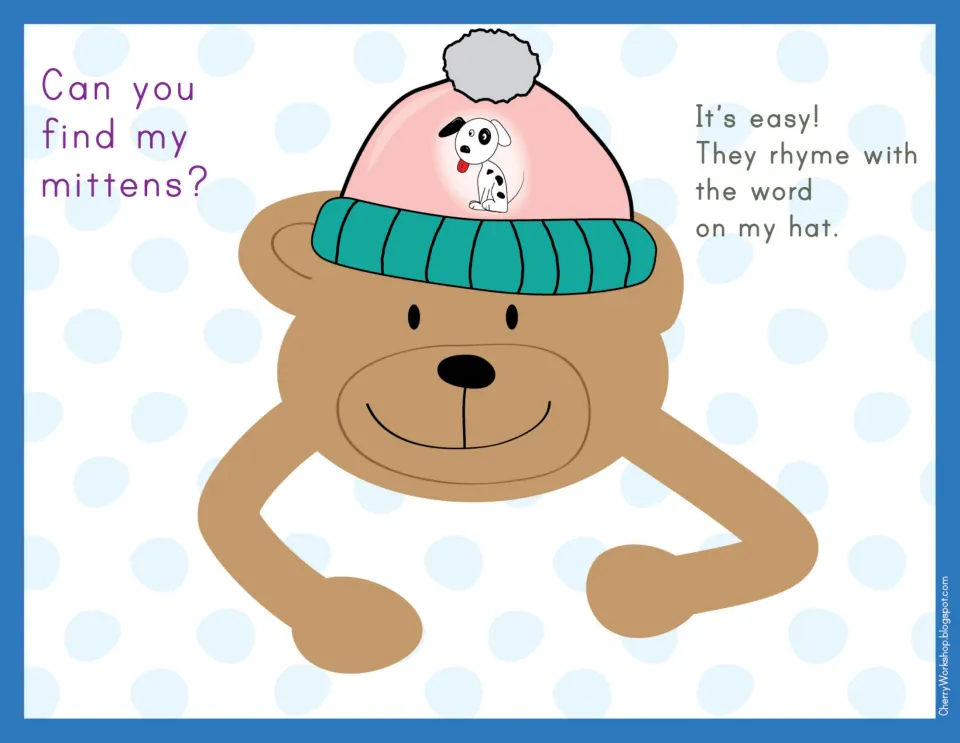 Rhyming mat: a bear's pink hat shows a spotted dog; students match mittens with words that rhyme with dog, like fog and log