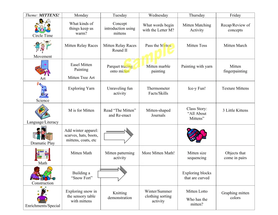 Weekly mitten lesson plan covering Monday–Friday, with mitten math, yarn exploration, and “The Mitten”.