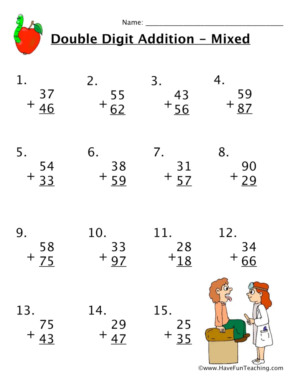 Double digit addition, mixed: students solve 15 vertical two-digit sums such as 37 + 46, some needing regrouping