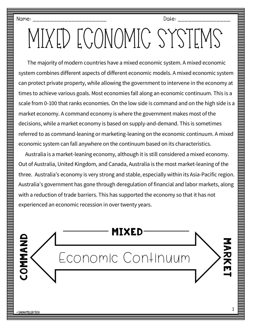 Reading passage on Australia's mixed economy, government intervention, and the command-to-market continuum
