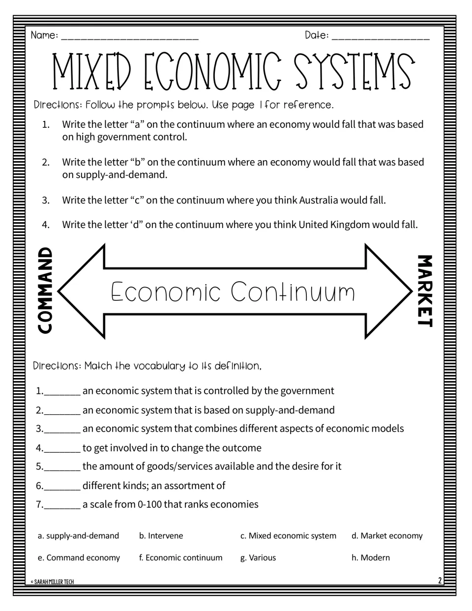 Practice page: four economic continuum prompts about control, supply and demand, Australia, and the UK
