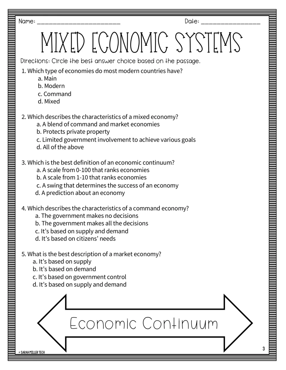 Five multiple-choice questions on mixed economies, the economic continuum, command economies, and markets