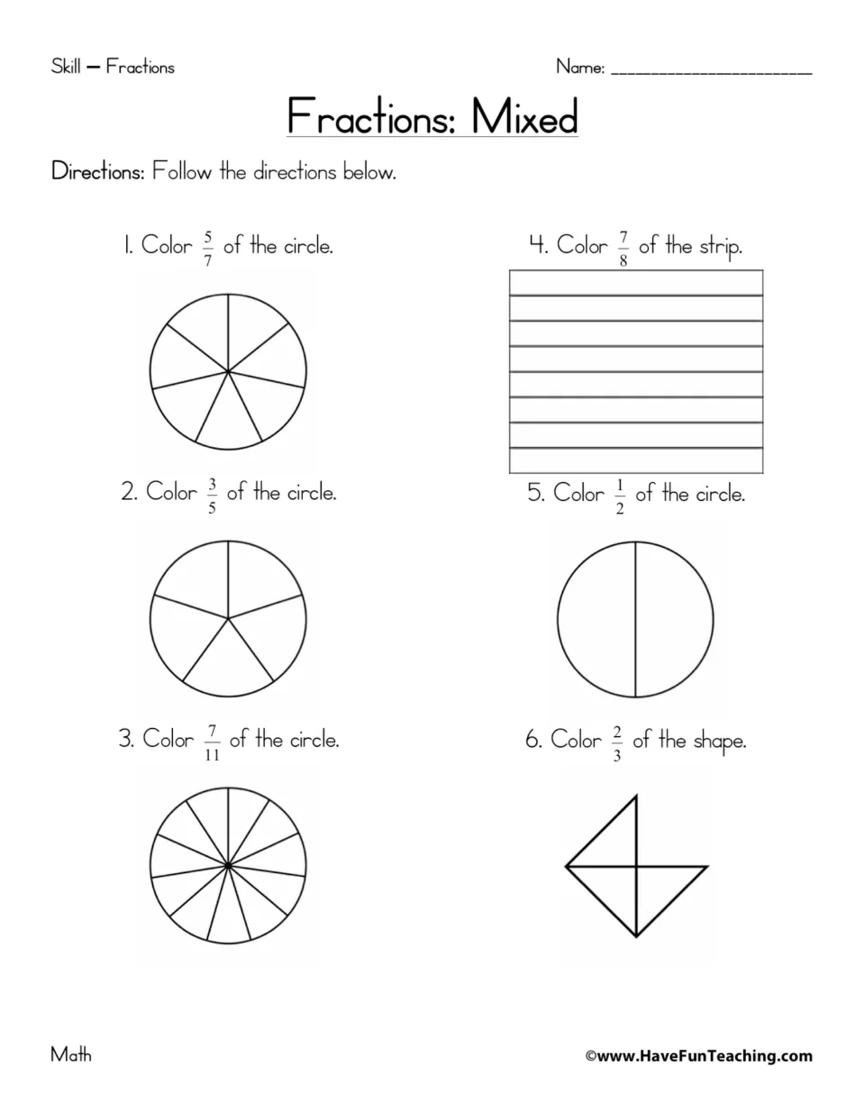 Fraction coloring practice: shade 5/7, 3/5, 7/11, and 1/2 of circles, 7/8 of a strip, and 2/3 of a shape.