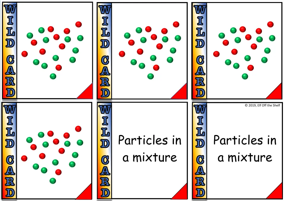 Mixture wild cards: four show red and green particles mixed together, matched by two cards reading Particles in a mixture