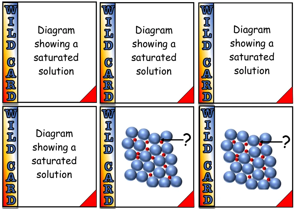 Saturated solution wild cards: four read Diagram showing a saturated solution; two show particles with an arrow to a ?