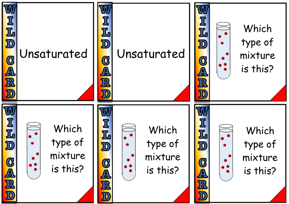 Test tube wild cards: two more Unsaturated cards and four test tubes of particles asking Which type of mixture is this?