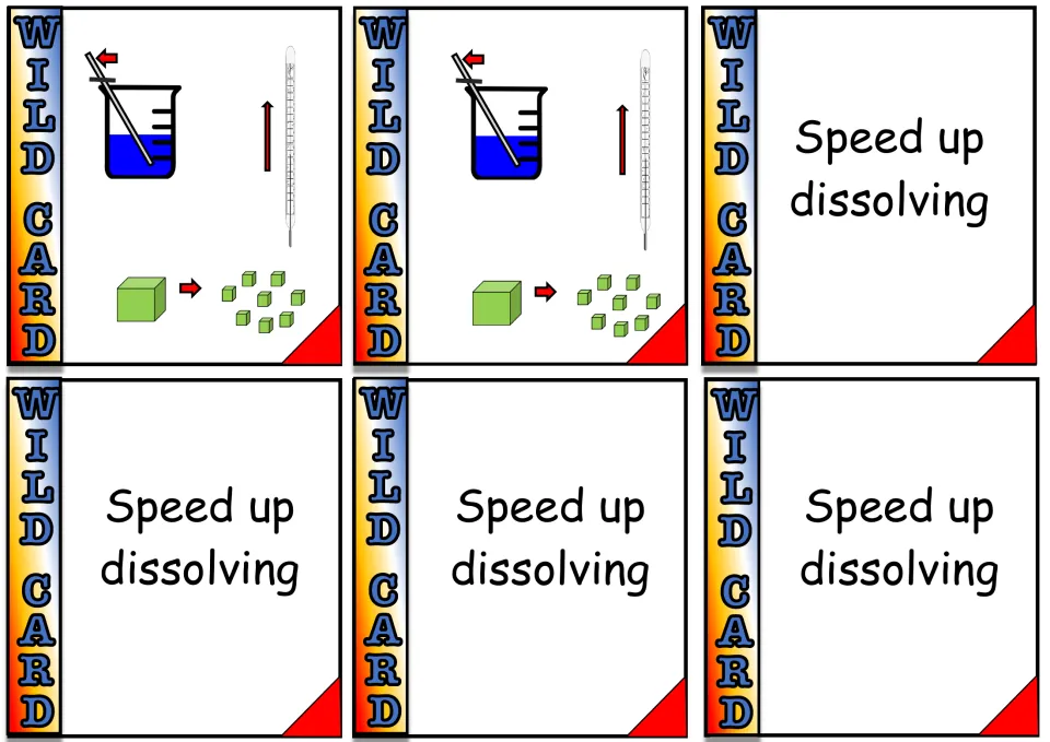 Dissolving rate wild cards: two more stirring, heating and crushing pictures and four cards reading Speed up dissolving
