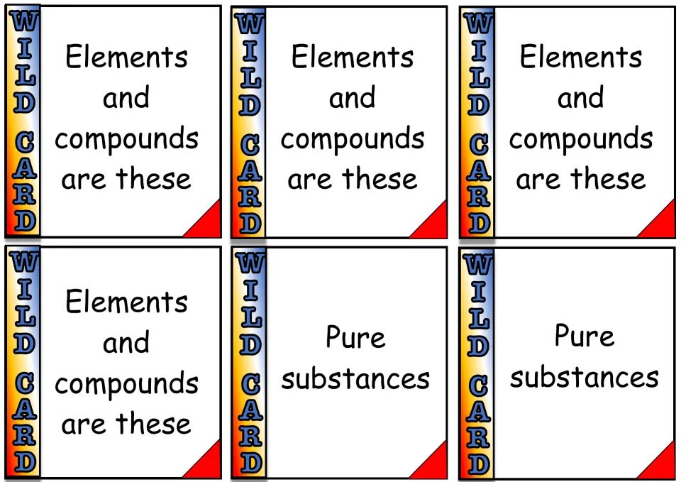 Pure substance wild cards: four cards read Elements and compounds are these, with two cards reading Pure substances