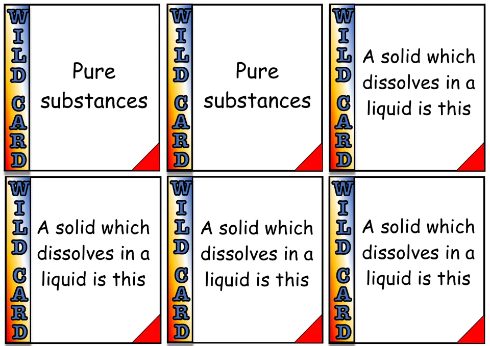 Definition wild cards: two more Pure substances cards and four cards reading A solid which dissolves in a liquid is this