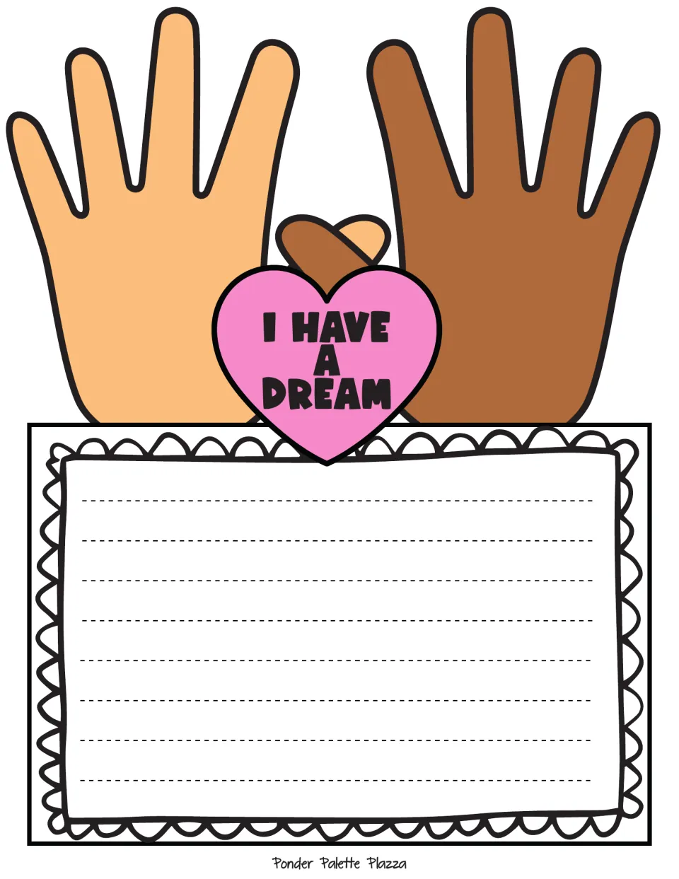 Assembled MLK writing craft example featuring two raised hands and an 'I Have a Dream' heart label