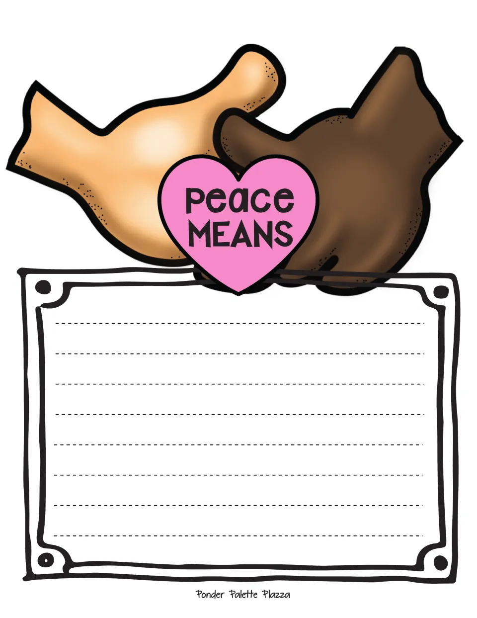 Assembled MLK writing craft example featuring clasped hands and a pink heart labeled 'Peace Means'