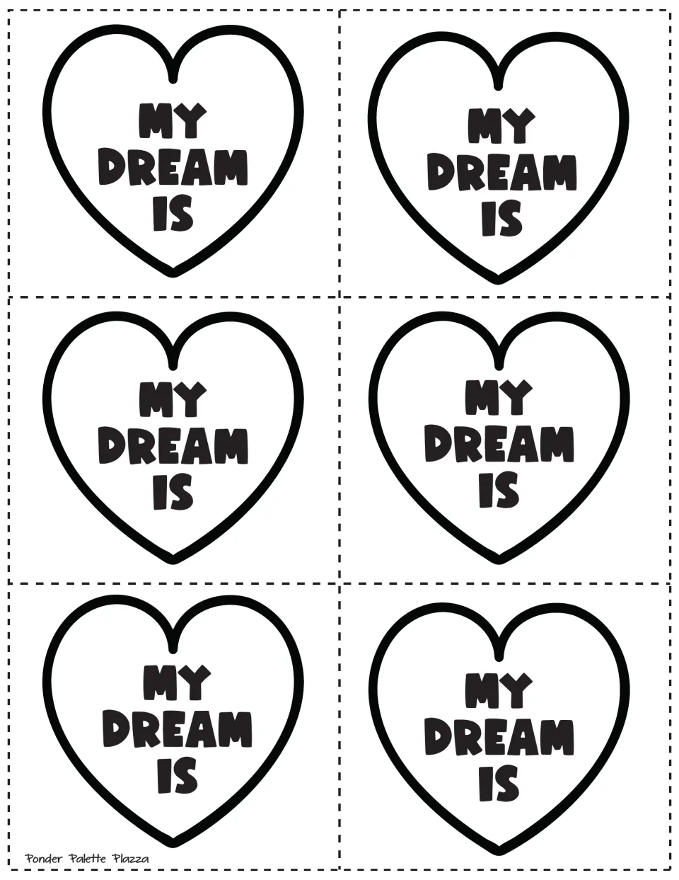 Six black-and-white heart labels reading 'My Dream Is' to color and cut out for the MLK writing craft