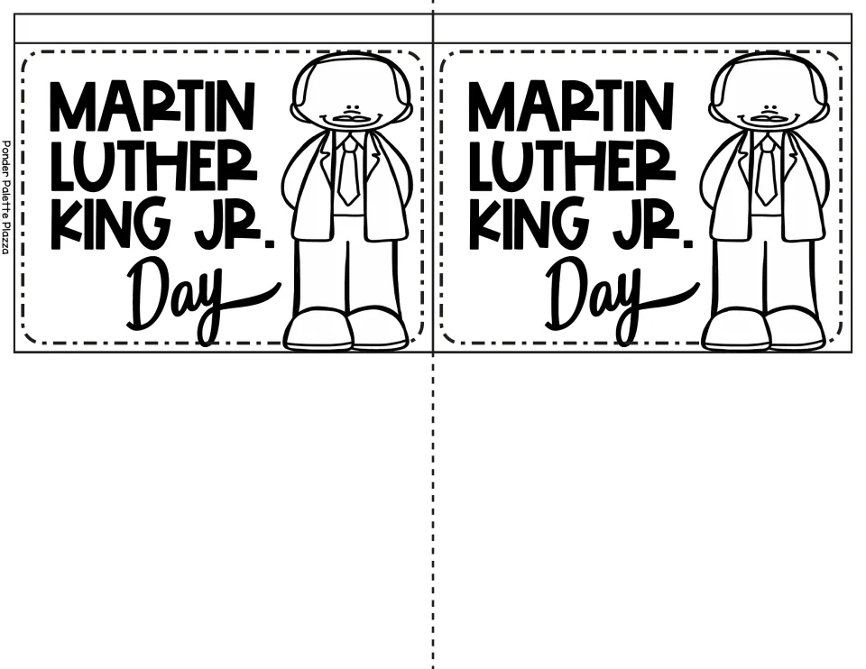 Flip book cover flap cut-out: Martin Luther King Jr. Day title beside a smiling MLK cartoon to color, printed twice