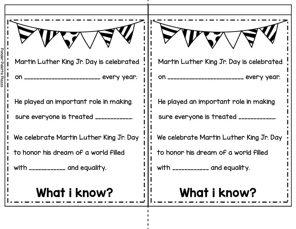 What I know? review flap: students fill in three blanks about the holiday's date, fair treatment and King's dream