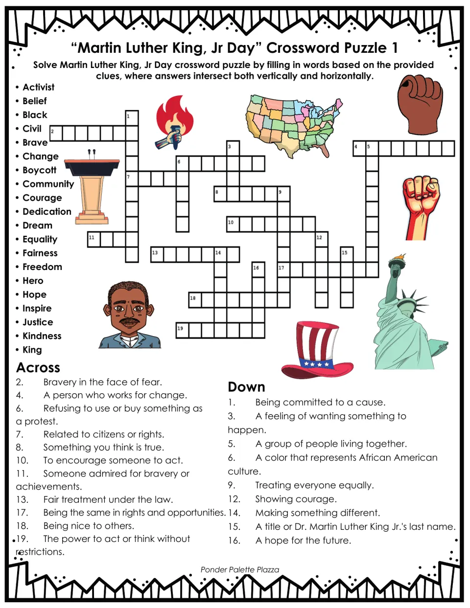 MLK Day crossword puzzle 1 with clues and a word bank including activist, boycott, courage, and equality.