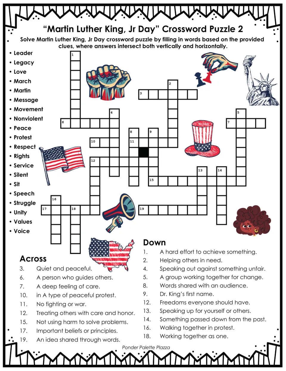 MLK Day crossword puzzle 2 with clues and a word bank including leader, nonviolent, respect, and service.