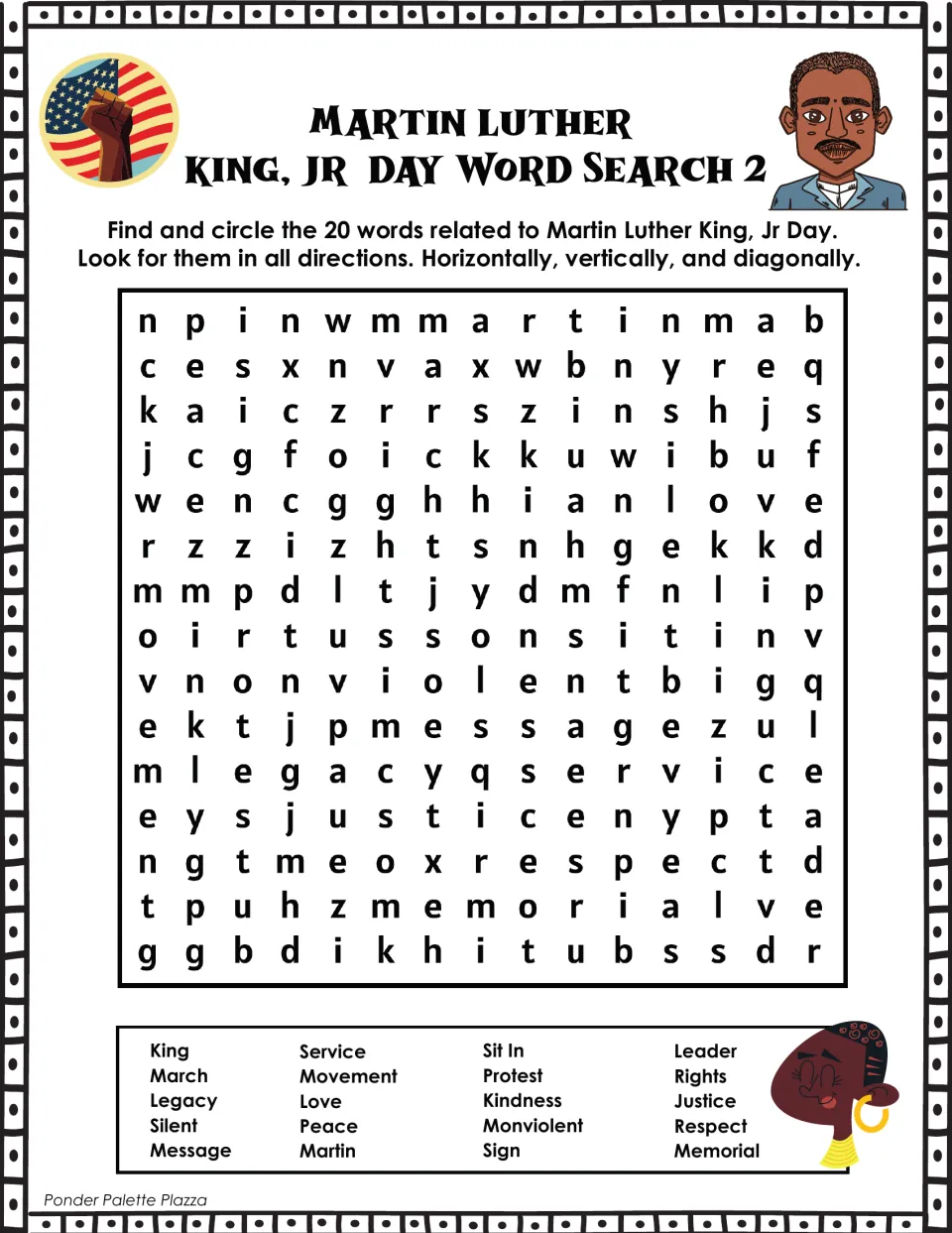 MLK Jr. Day Word Search 2: students circle 20 hidden words like march, justice, legacy and memorial in all directions
