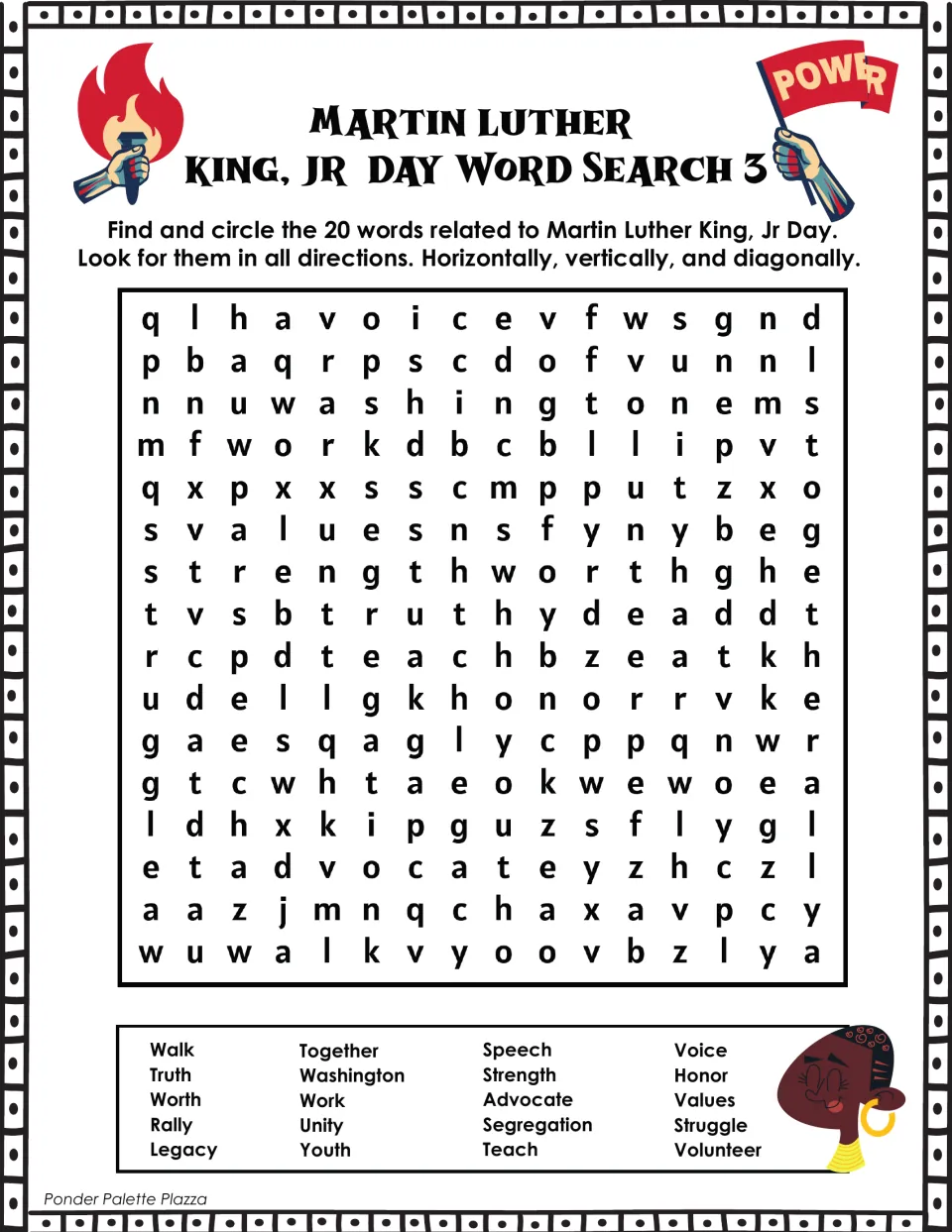 MLK Jr. Day Word Search 3: students hunt for 20 words including Washington, unity, segregation and volunteer