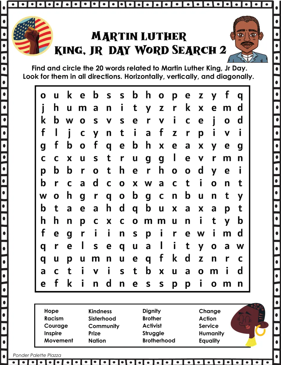 MLK Day word search 2: students locate 20 words including courage, dignity, activist and brotherhood in all directions