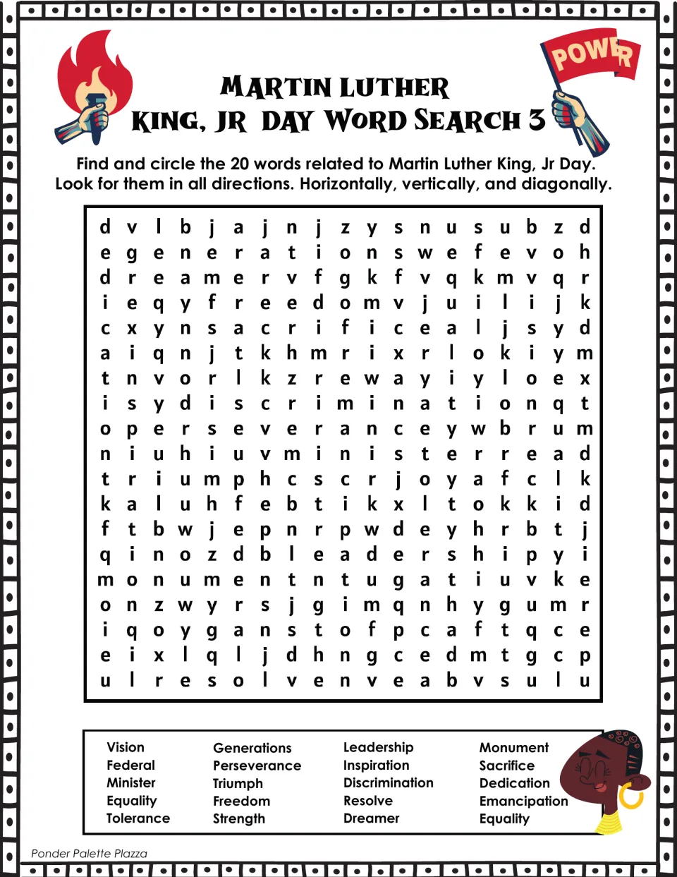 MLK Day word search 3: students hunt for 20 longer words such as perseverance, emancipation, sacrifice and discrimination