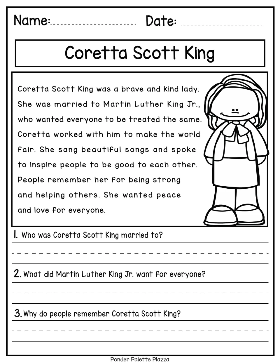 Coretta Scott King reading passage: students read about her life with MLK Jr. and answer 3 written comprehension questions