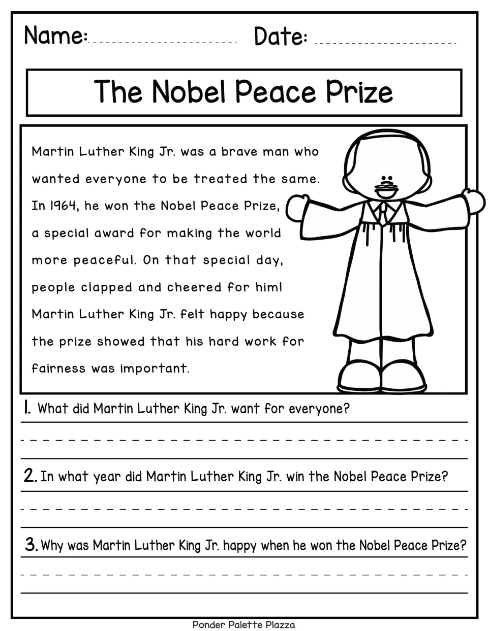 Nobel Peace Prize passage: students read how MLK Jr. won the prize in 1964 and answer 3 written questions