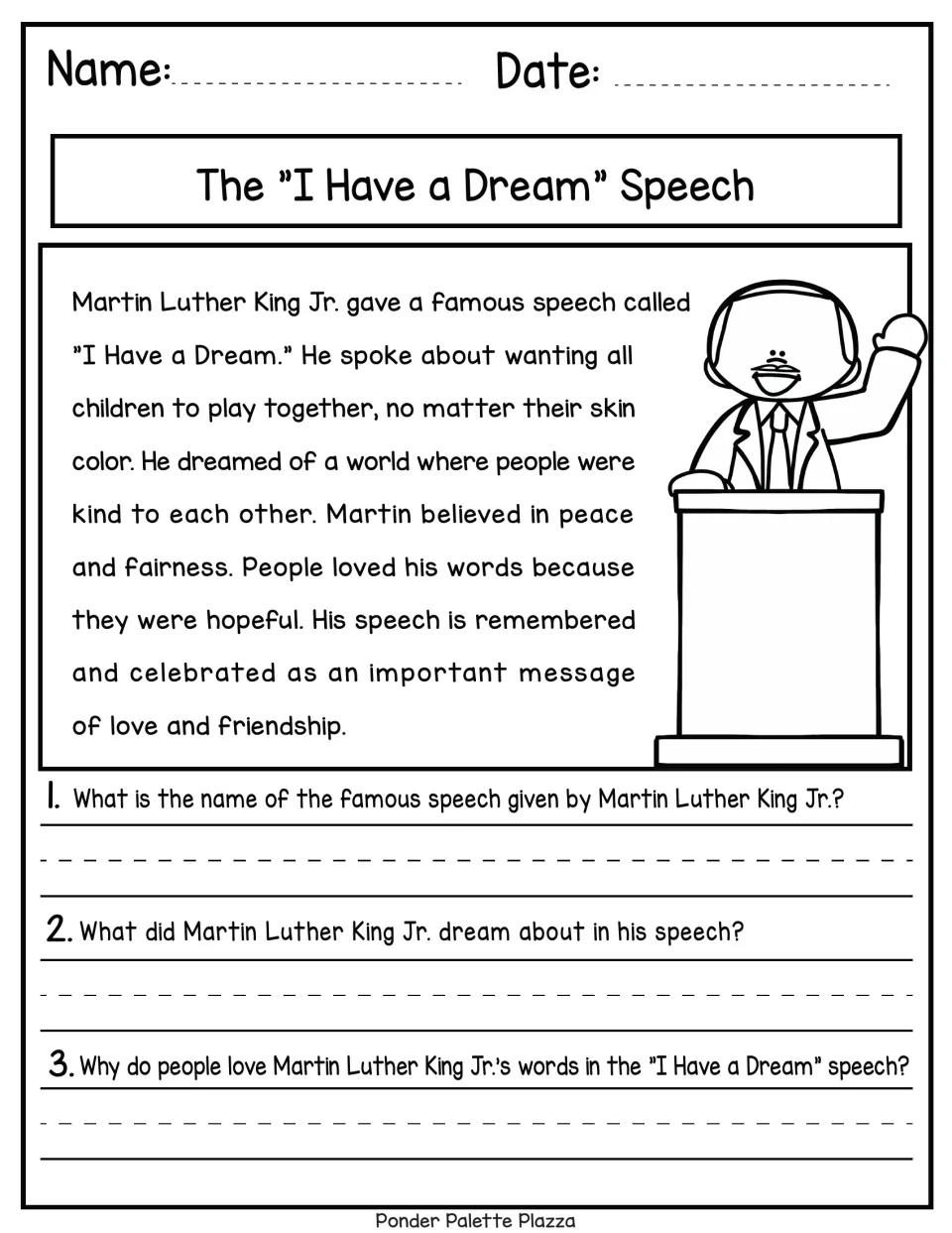 "I Have a Dream" speech passage: students read what Dr. King hoped for and answer 3 questions about the speech's message