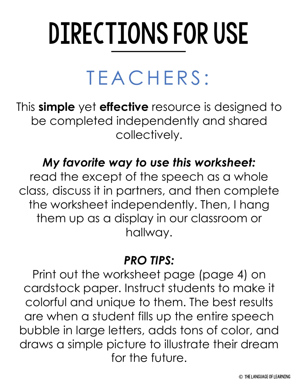 Teacher directions: read the speech excerpt as a class, discuss with partners, then complete the dream page alone