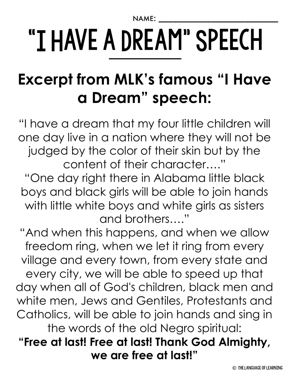 MLK's I Have a Dream speech excerpt: students read passages on character, joining hands and freedom ringing