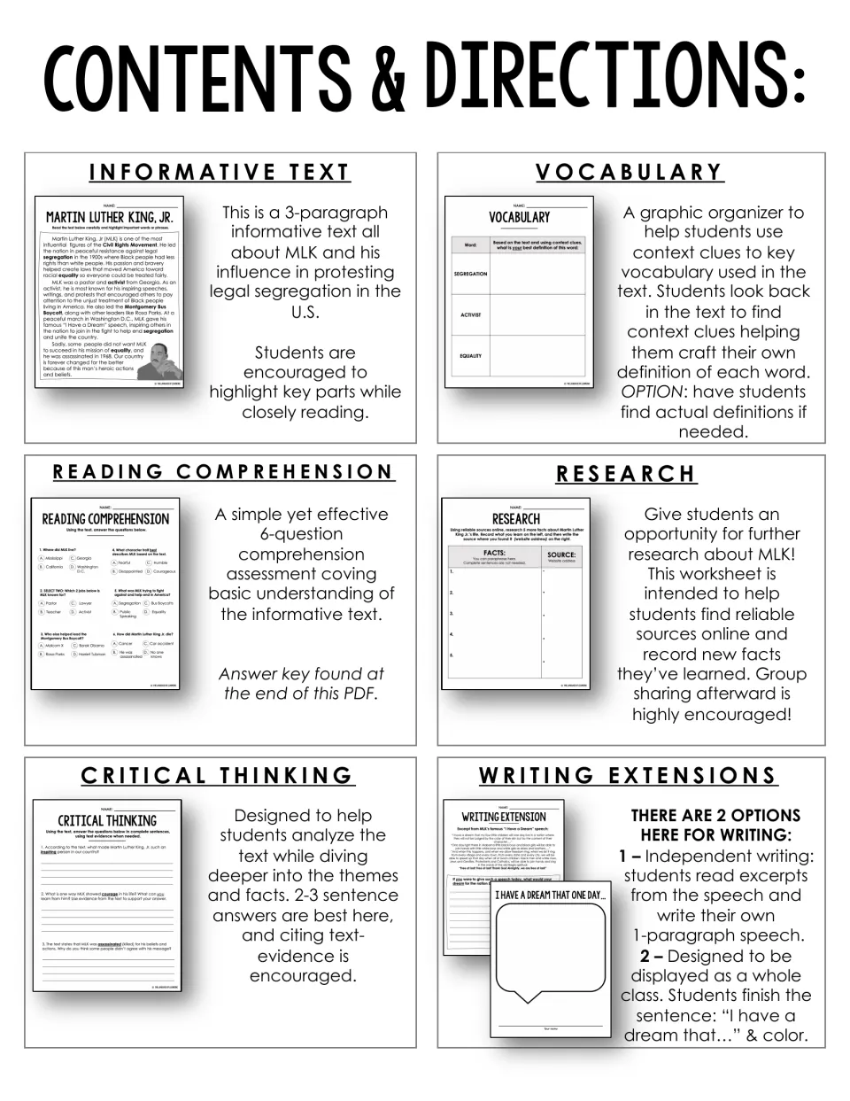 Contents and directions: thumbnails and teacher notes for the six MLK activities, from informative text to writing
