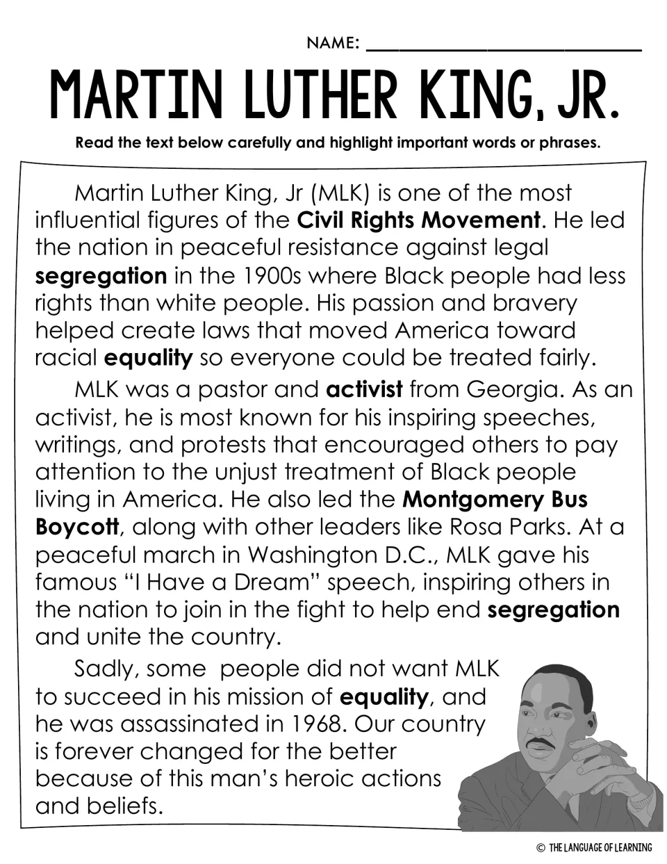 MLK informative text: students closely read 3 paragraphs on civil rights and segregation, highlighting key phrases
