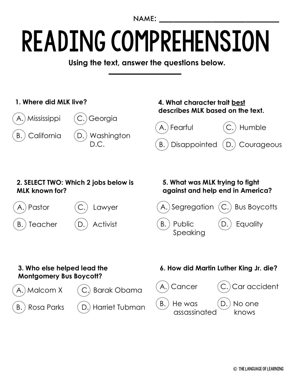 Reading comprehension on MLK: six multiple-choice questions on his home state, jobs, bus boycott, character trait and death