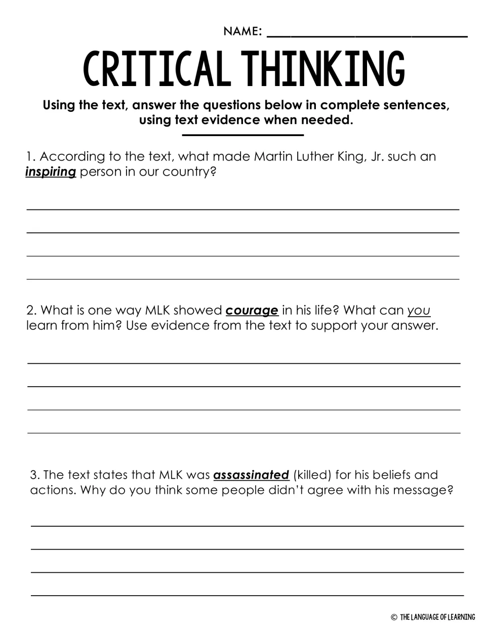 Critical thinking on MLK: students answer three open questions on inspiration, courage and opposition, citing text evidence