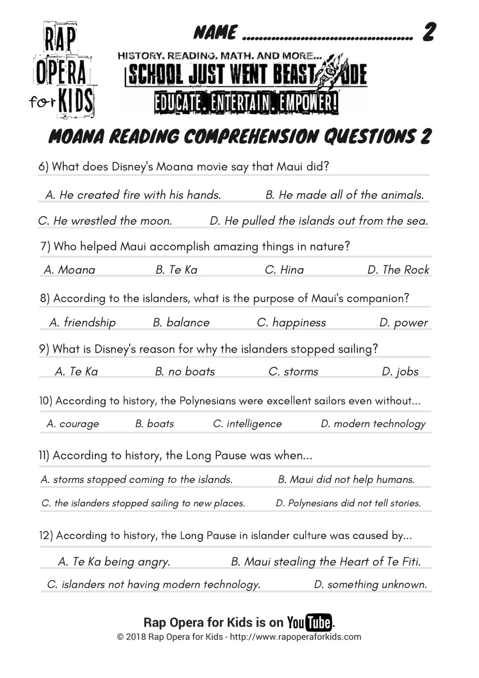 Comprehension set 2: students circle answers to questions 6 to 12 on Maui, Hina, Te Ka and the Long Pause in history