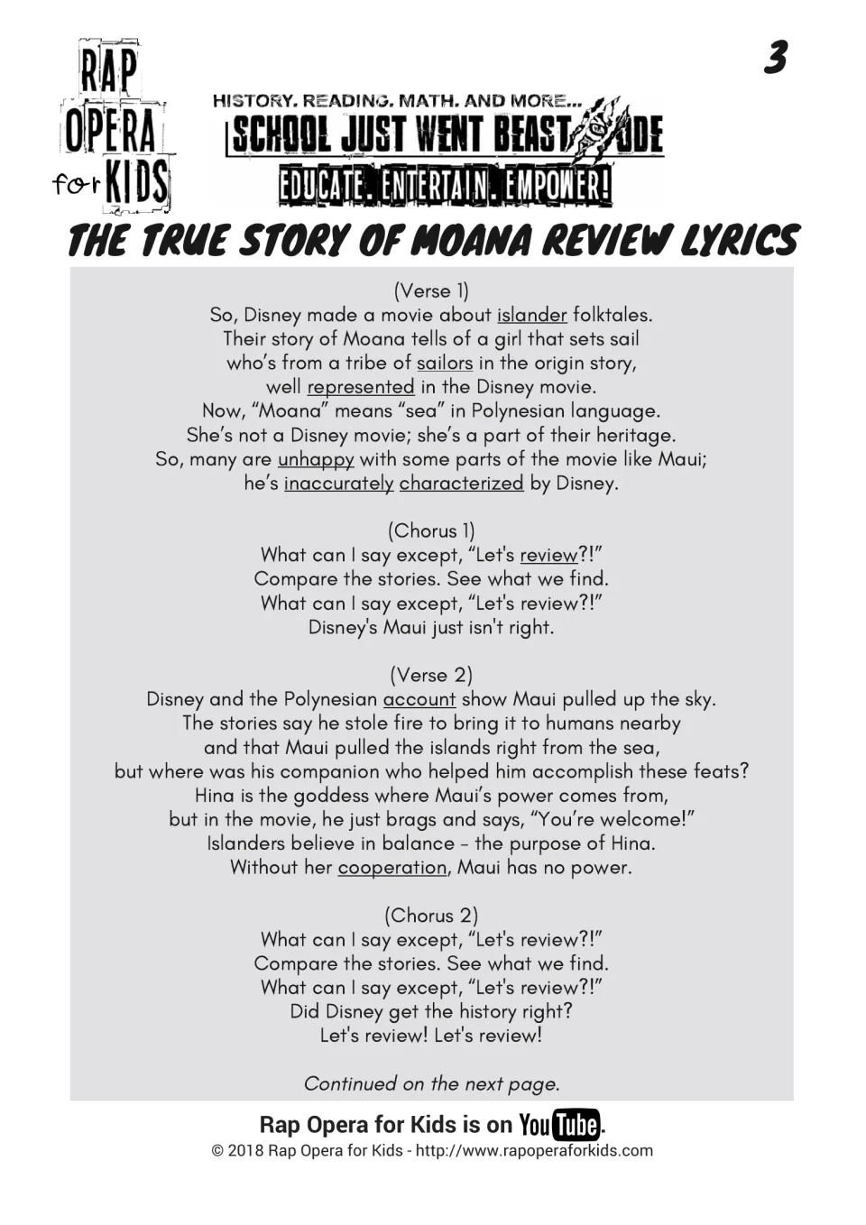 Song lyrics, verses 1 and 2: rap text on Moana's folktale origins and Hina as Maui's power source, with key words underlined