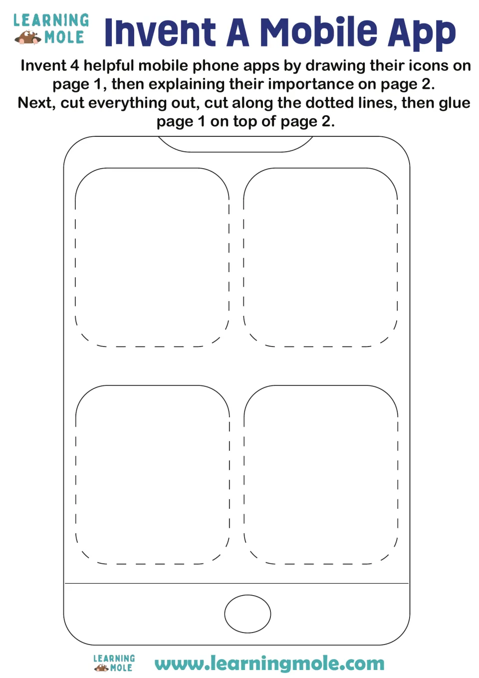 Invent A Mobile App: students draw icons for 4 helpful apps on a phone outline, then cut the flaps on dotted lines